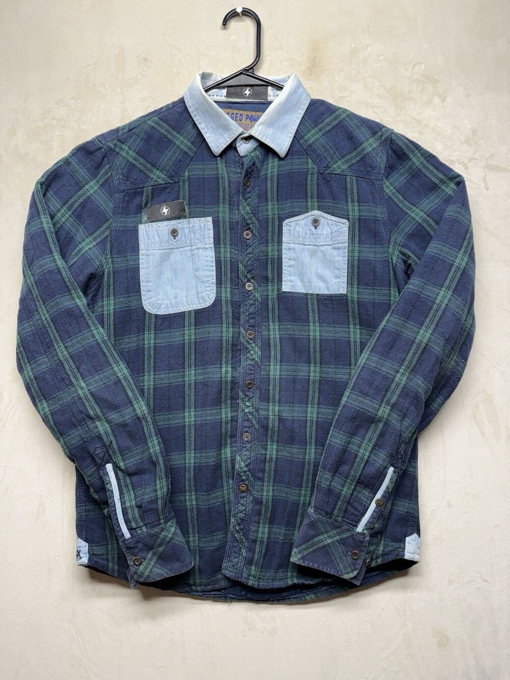 Rugged Point Quilt Lined Flannel Men's M Blue Green Plaid Pocket Button-Up Shirt